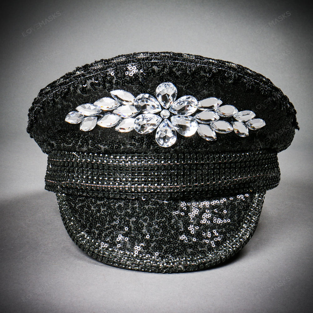 Steampunk Burning Man Captain Hat with Silver Rhinestones - Black